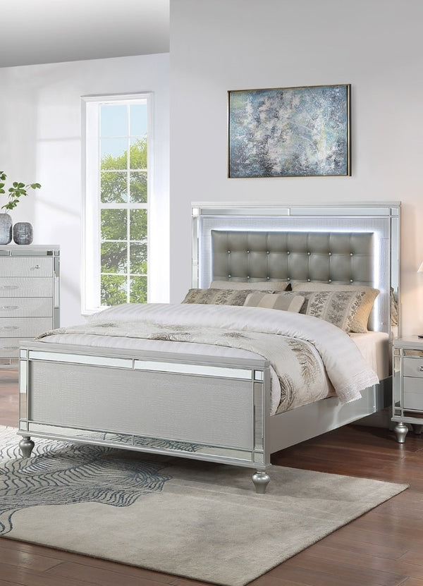 English Elm Sleek Eastern King Bedroom Set Mirrored Frame LED Lighting Tufted Faux Leather Headboard B011S02530