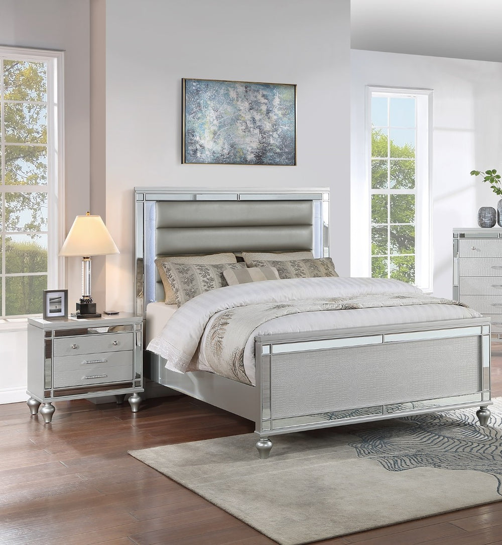 English Elm Bedroom Glam Queen 3 Piece Set with Led Lighting Mirrored Frame and Tufted Headboard B011S02531