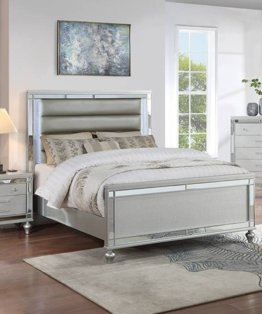 English Elm Bedroom Glam Queen 3 Piece Set with Led Lighting Mirrored Frame and Tufted Headboard B011S02531