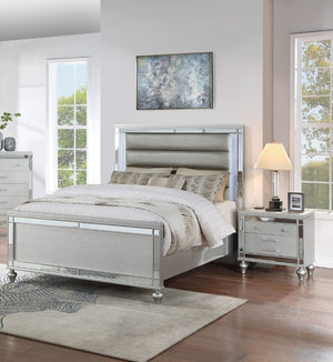 English Elm Bedroom Glam King Set with LED Lighting Mirrored Panels and Tufted Faux Leather Frame B011S02532