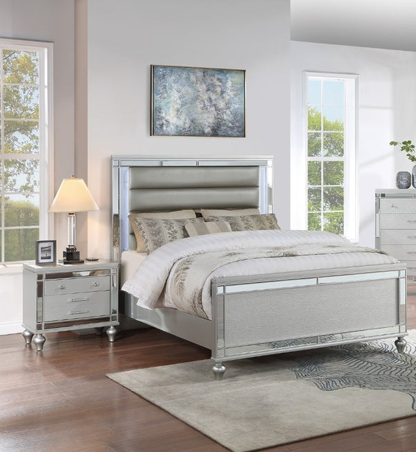 English Elm Bedroom Glam King Set with LED Lighting Mirrored Panels and Tufted Faux Leather Frame B011S02532
