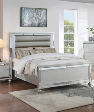 English Elm Bedroom Glam King Set with LED Lighting Mirrored Panels and Tufted Faux Leather Frame B011S02532