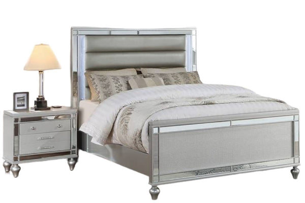 English Elm Bedroom Glam King Set with LED Lighting Mirrored Panels and Tufted Faux Leather Frame B011S02532