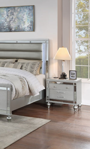 English Elm Bedroom Glam King Set with LED Lighting Mirrored Panels and Tufted Faux Leather Frame B011S02532
