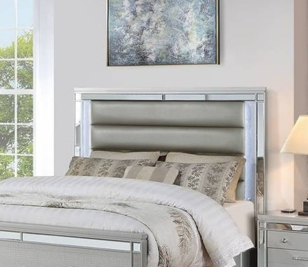 English Elm Bedroom Glam King Set with LED Lighting Mirrored Panels and Tufted Faux Leather Frame B011S02532