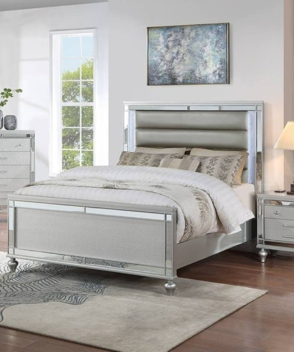 English Elm Bedroom Glam King Set with LED Lighting Mirrored Panels and Tufted Faux Leather Frame B011S02532