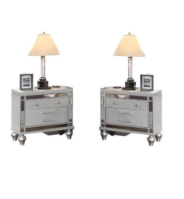 English Elm Bedroom Glam King Set with LED Lighting Mirrored Panels and Tufted Faux Leather Frame B011S02532