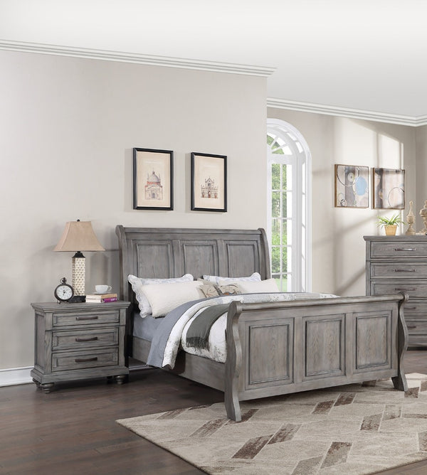 English Elm Antique Gray Oak Sleigh Bed Set Eastern King with Two Nightstands Barn Transitional B011S02536