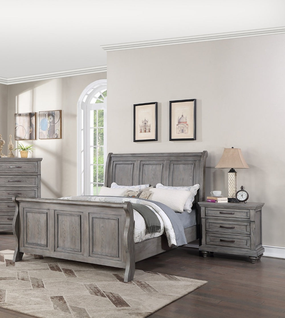 English Elm Antique Gray Oak Sleigh Bed Set Eastern King with Two Nightstands Barn Transitional B011S02536