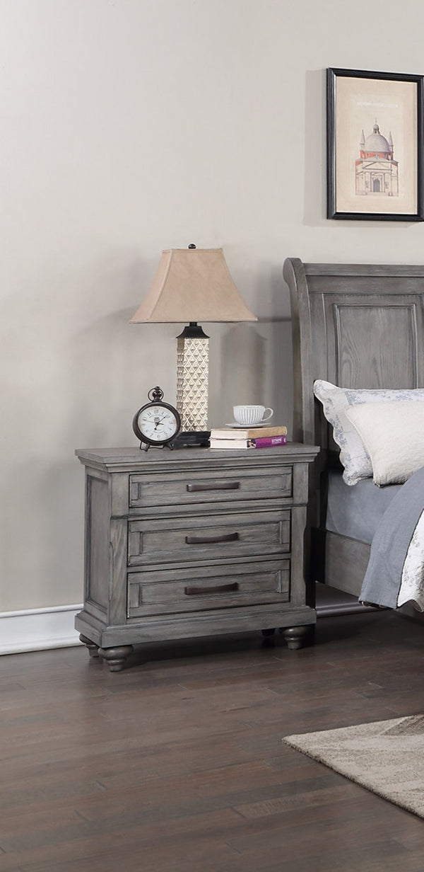 English Elm Antique Gray Oak Sleigh Bed Set Eastern King with Two Nightstands Barn Transitional B011S02536