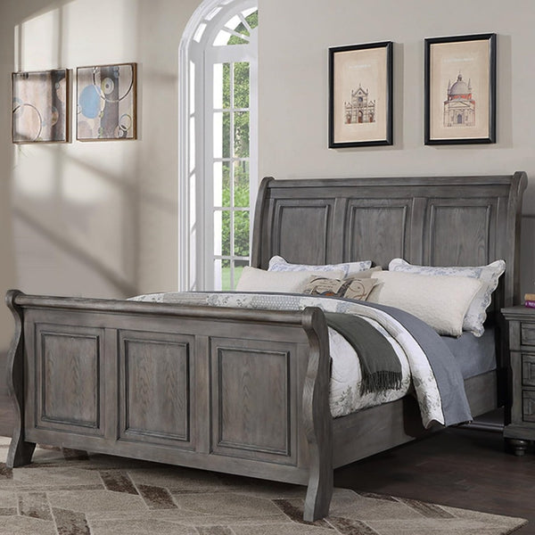English Elm Antique Gray Oak Sleigh Bed Set Eastern King with Two Nightstands Barn Transitional B011S02536