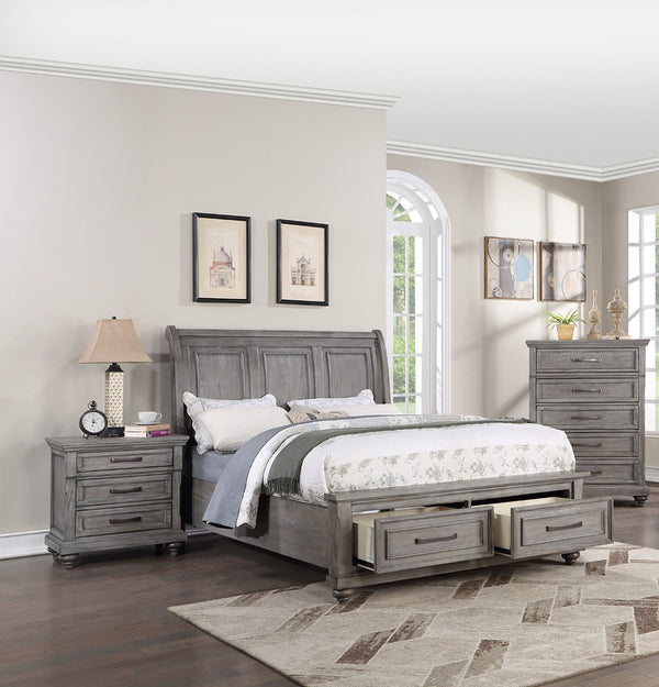 English Elm Queen Sleigh Bed Set with Underbed Storage and Nightstands in Antique Gray Oak B011S02538
