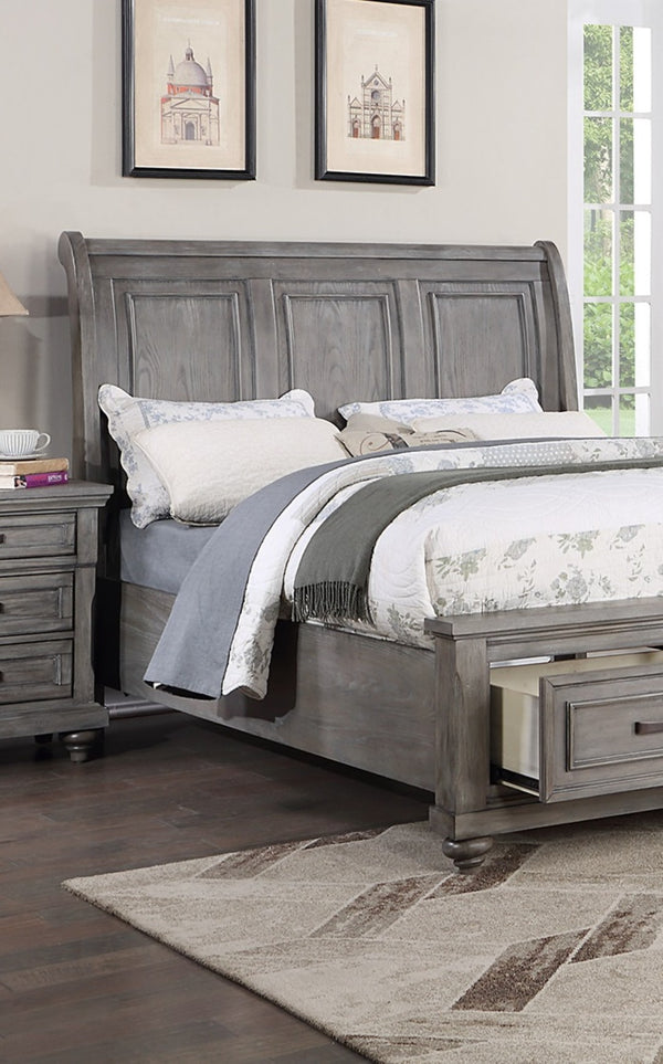 English Elm Queen Sleigh Bed Set with Underbed Storage and Nightstands in Antique Gray Oak B011S02538