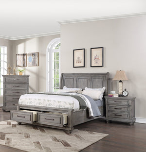 English Elm Queen Sleigh Bed Set with Underbed Storage and Nightstands in Antique Gray Oak B011S02538