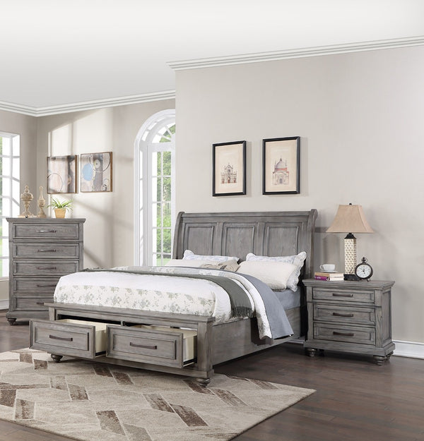 English Elm Queen Sleigh Bed Set with Underbed Storage and Nightstands in Antique Gray Oak B011S02538