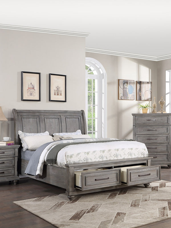 English Elm Queen Sleigh Bed Set with Underbed Storage and Nightstands in Antique Gray Oak B011S02538