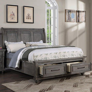 English Elm Queen Sleigh Bed Set with Underbed Storage and Nightstands in Antique Gray Oak B011S02538