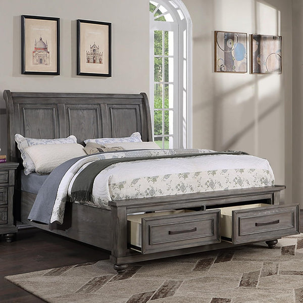 English Elm Queen Sleigh Bed Set with Underbed Storage and Nightstands in Antique Gray Oak B011S02538
