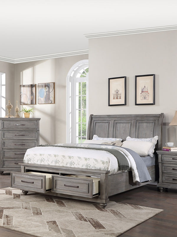 English Elm Queen Sleigh Bed Set with Underbed Storage and Nightstands in Antique Gray Oak B011S02538