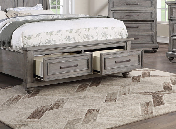 English Elm Queen Sleigh Bed Set with Underbed Storage and Nightstands in Antique Gray Oak B011S02538