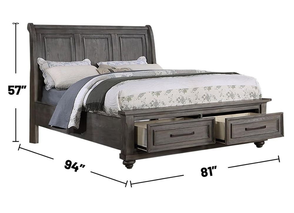 English Elm Eastern King Sleigh Bed Set with Storage Drawers Oak Veneer Antique Gray Finish B011S02540