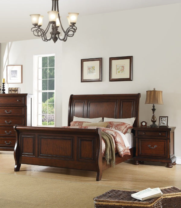 English Elm Traditional California King Panel Bed Set with Cherry Veneer Finish Two Nightstands B011S02542