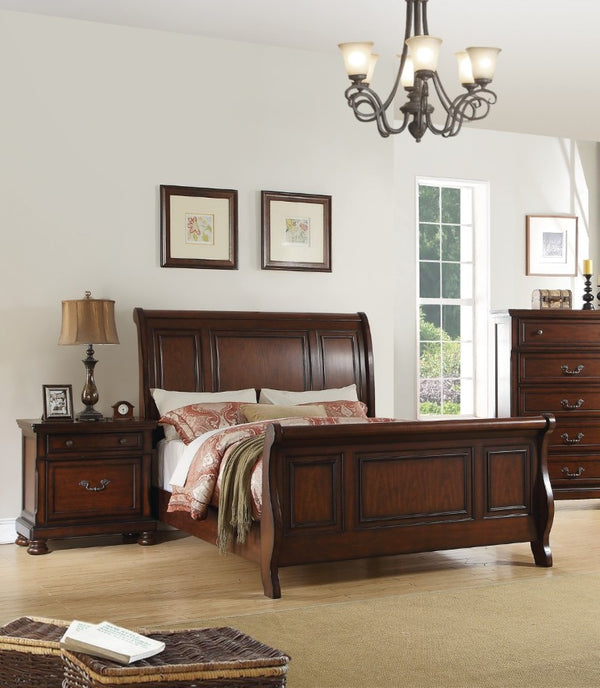 English Elm Traditional California King Panel Bed Set with Cherry Veneer Finish Two Nightstands B011S02542