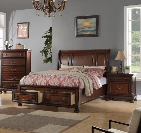 English Elm Traditional Antique Cherry Panel Bedroom Set with Cal King Bed and Two Nightstands B011S02545