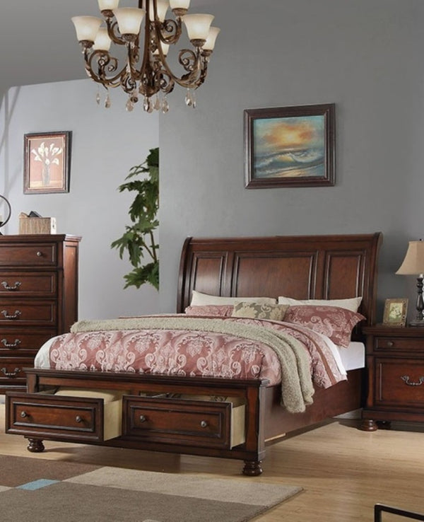 English Elm Traditional Antique Cherry Panel Bedroom Set with Cal King Bed and Two Nightstands B011S02545