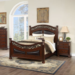English Elm Traditional Eastern King Bed Set Faux Leather Headboard Dark Cherry with Two Nightstands B011S02551