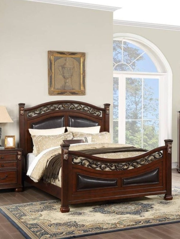English Elm Traditional California King Bedroom Set Faux Leather Padded Headboard Dark Cherry Wood B011S02552