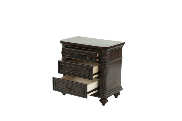English Elm Majestic Queen Bed Set with Carved Scrollwork Nightstands in Antique Cherry Finish B011S02553