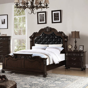 English Elm Gorgeous Victorian Cal King Bed Set Tufted Faux Leather Carved Antique Cherry Finish B011S02556