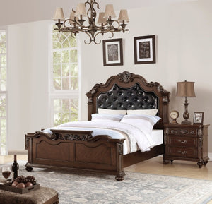 English Elm Gorgeous Victorian Cal King Bed Set Tufted Faux Leather Carved Antique Cherry Finish B011S02556