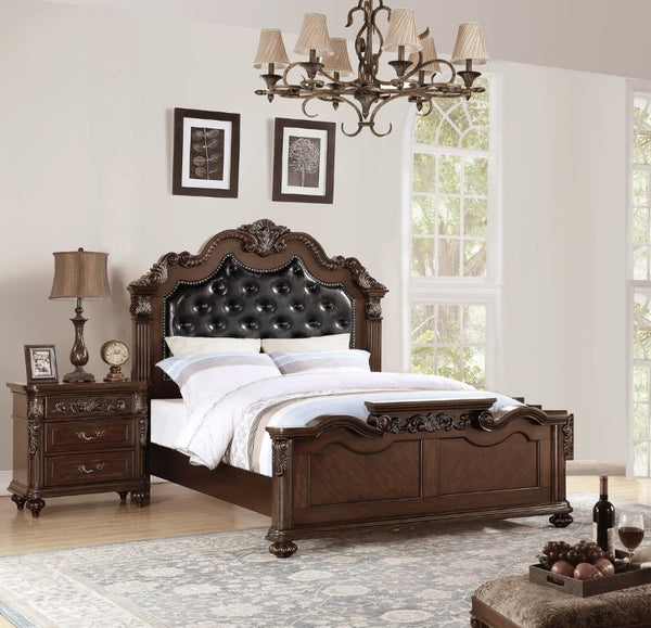 English Elm Gorgeous Victorian Cal King Bed Set Tufted Faux Leather Carved Antique Cherry Finish B011S02556