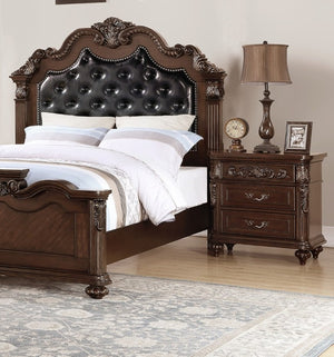 English Elm Gorgeous Victorian Cal King Bed Set Tufted Faux Leather Carved Antique Cherry Finish B011S02556