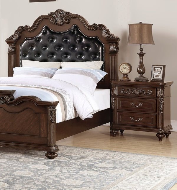 English Elm Gorgeous Victorian Cal King Bed Set Tufted Faux Leather Carved Antique Cherry Finish B011S02556