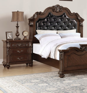 English Elm Gorgeous Victorian Cal King Bed Set Tufted Faux Leather Carved Antique Cherry Finish B011S02556