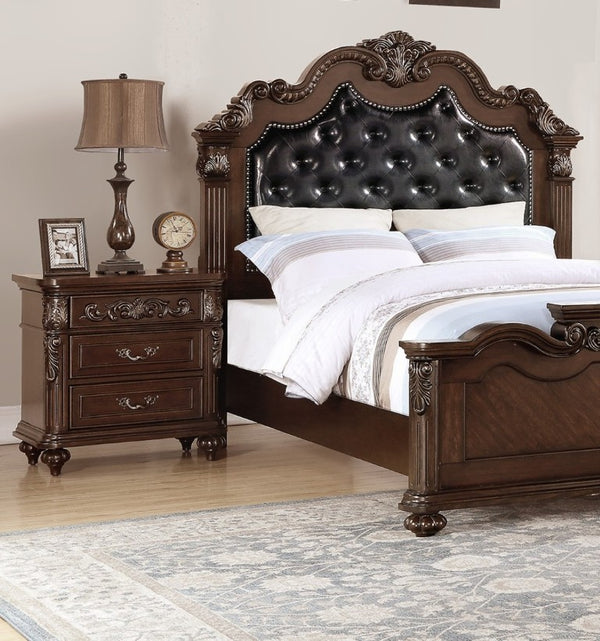 English Elm Gorgeous Victorian Cal King Bed Set Tufted Faux Leather Carved Antique Cherry Finish B011S02556