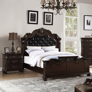 English Elm Gorgeous Victorian Cal King Bed Set Tufted Faux Leather Carved Antique Cherry Finish B011S02556