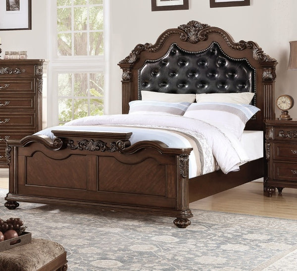 English Elm Gorgeous Victorian Cal King Bed Set Tufted Faux Leather Carved Antique Cherry Finish B011S02556