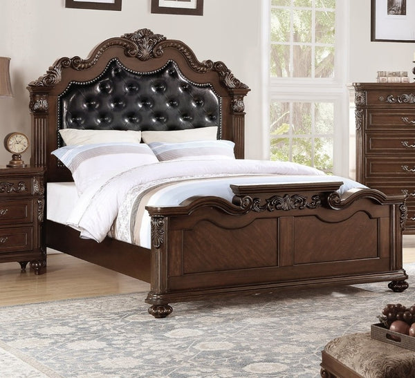 English Elm Gorgeous Victorian Cal King Bed Set Tufted Faux Leather Carved Antique Cherry Finish B011S02556