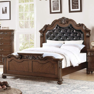 English Elm Gorgeous Victorian Cal King Bed Set Tufted Faux Leather Carved Antique Cherry Finish B011S02556