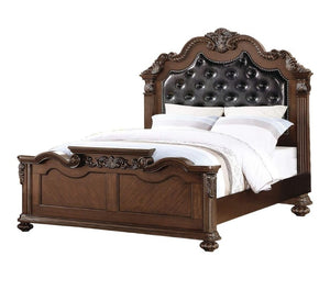 English Elm Gorgeous Victorian Cal King Bed Set Tufted Faux Leather Carved Antique Cherry Finish B011S02556