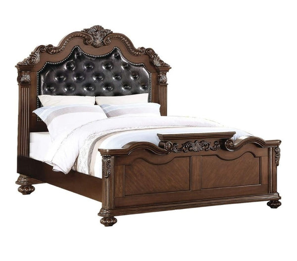 English Elm Gorgeous Victorian Cal King Bed Set Tufted Faux Leather Carved Antique Cherry Finish B011S02556