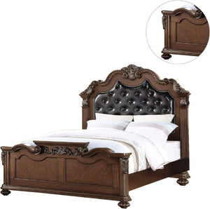 English Elm Gorgeous Victorian Cal King Bed Set Tufted Faux Leather Carved Antique Cherry Finish B011S02556