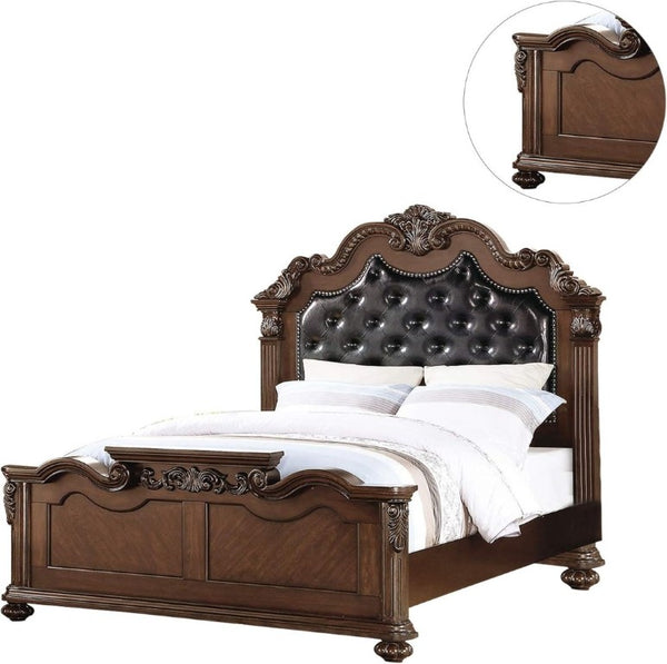 English Elm Gorgeous Victorian Cal King Bed Set Tufted Faux Leather Carved Antique Cherry Finish B011S02556
