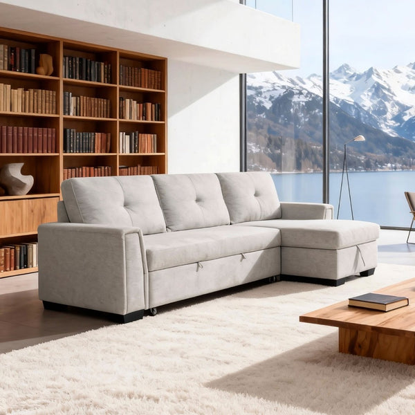 English Elm Modern Tufted Gray Sectional with Reversible Chaise Sleeper Bed and Hidden Storage B011S02562