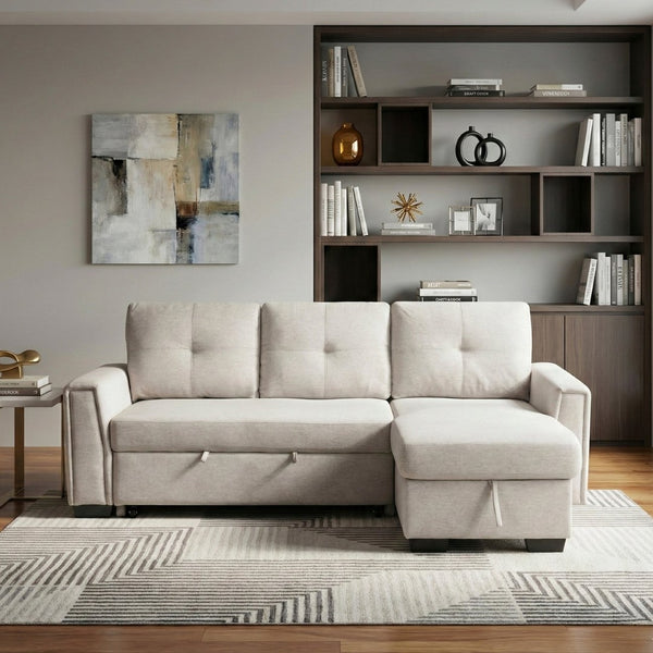 English Elm Modern Tufted Gray Sectional with Reversible Chaise Sleeper Bed and Hidden Storage B011S02562