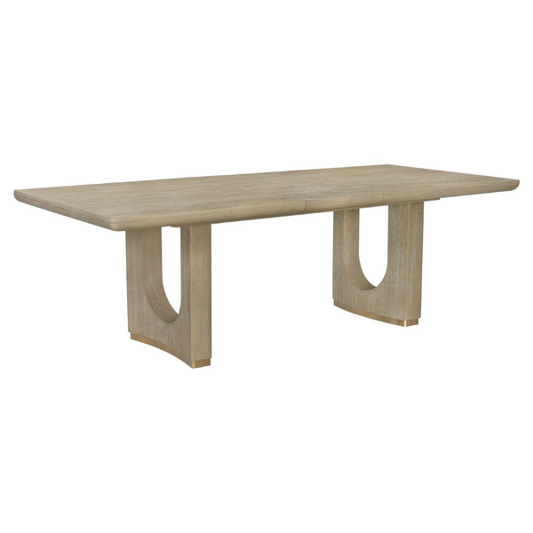 English Elm Modern Oak Veneer Extendable Dining Table with U-shaped Pedestal and Metallic Trim B011S02577